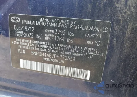 2013 Hyundai Elantra Gls from USA, damaged, VIN 5NPDH4AE7DH270539